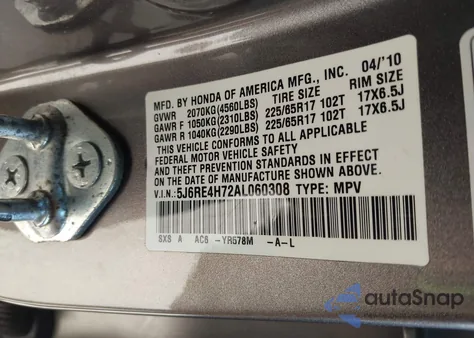2010 Honda Cr-V Ex-L from USA, damaged, VIN 5J6RE4H72AL060308